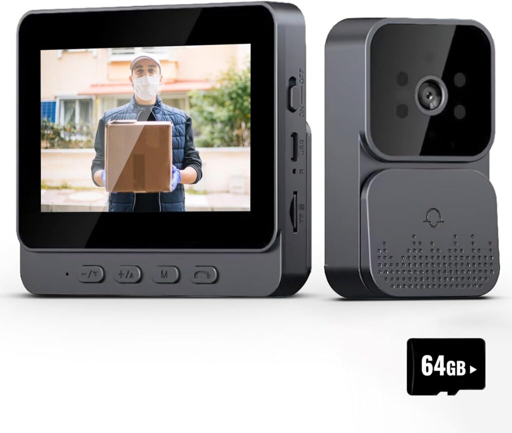 Visiophone, 4.3 pouces Vidéo Interphone Visiophone Portier sans Fil, caméra de sonnette avec moniteur, Détection Humaine, Audio Bidirectionnel, La Fonction de Vision Nocturne+ 64G carte mémoire
