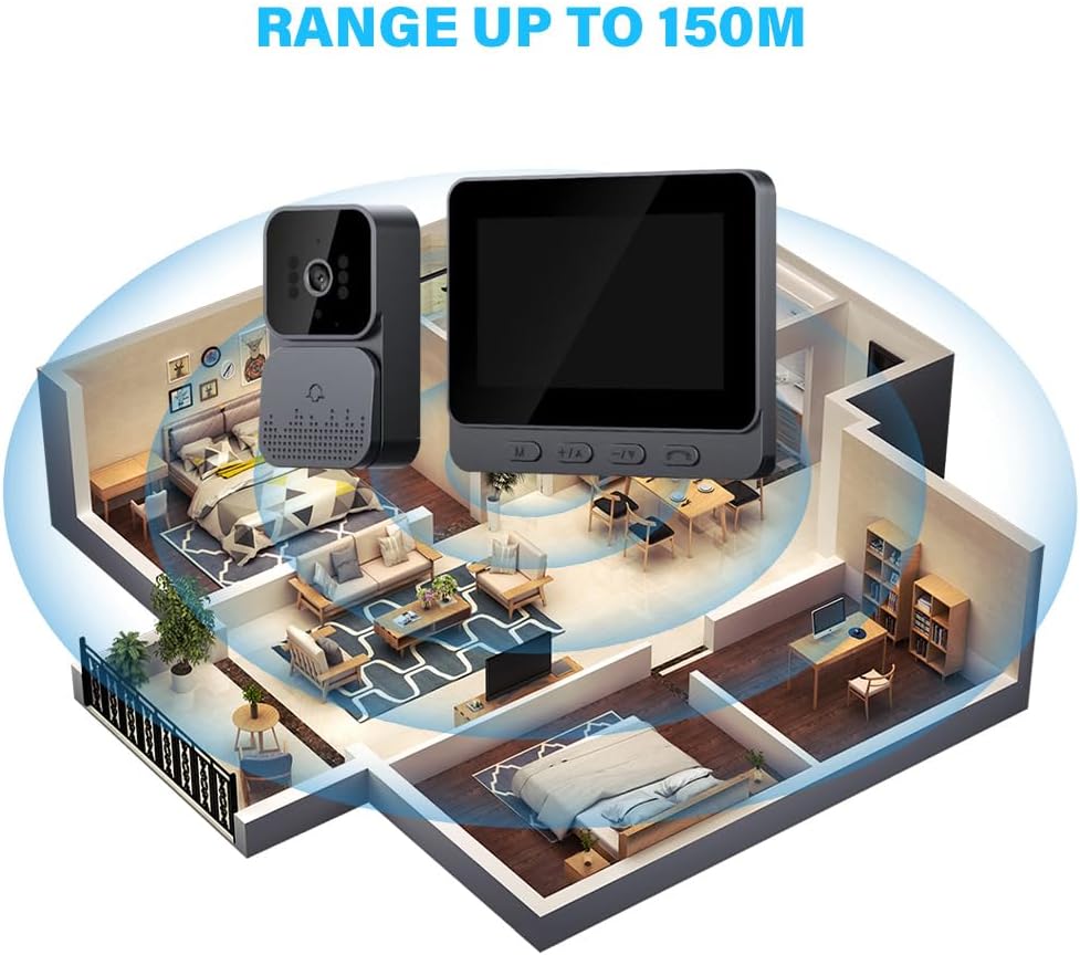 Visiophone, 4.3 pouces Vidéo Interphone Visiophone Portier sans Fil, caméra de sonnette avec moniteur, Détection Humaine, Audio Bidirectionnel, La Fonction de Vision Nocturne+ 64G carte mémoire