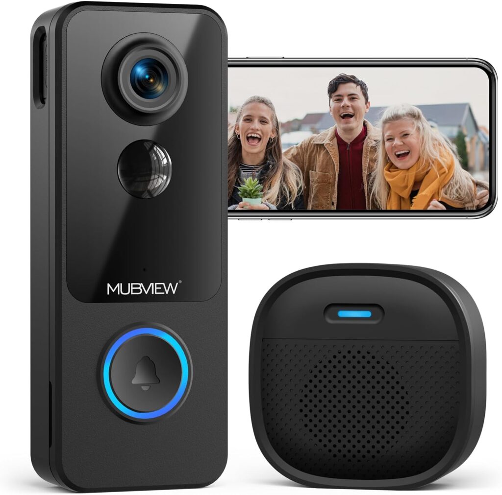 MUBVIEW - 1080P HD Sonnette sans Fil avec Caméra, Batterie Visiophone sans Fil avec Carillon, 2.4GHz Wi-FI, Détection de Mouvement PIR, Vision Nocturne, Audio Bidirectionnel, Étanche Extérieur, Noir