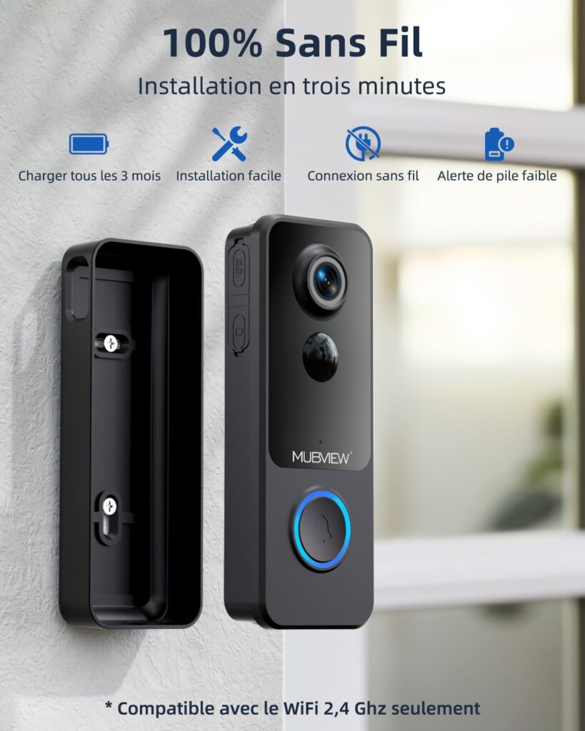 MUBVIEW - 1080P HD Sonnette sans Fil avec Caméra, Batterie Visiophone sans Fil avec Carillon, 2.4GHz Wi-FI, Détection de Mouvement PIR, Vision Nocturne, Audio Bidirectionnel, Étanche Extérieur, Noir