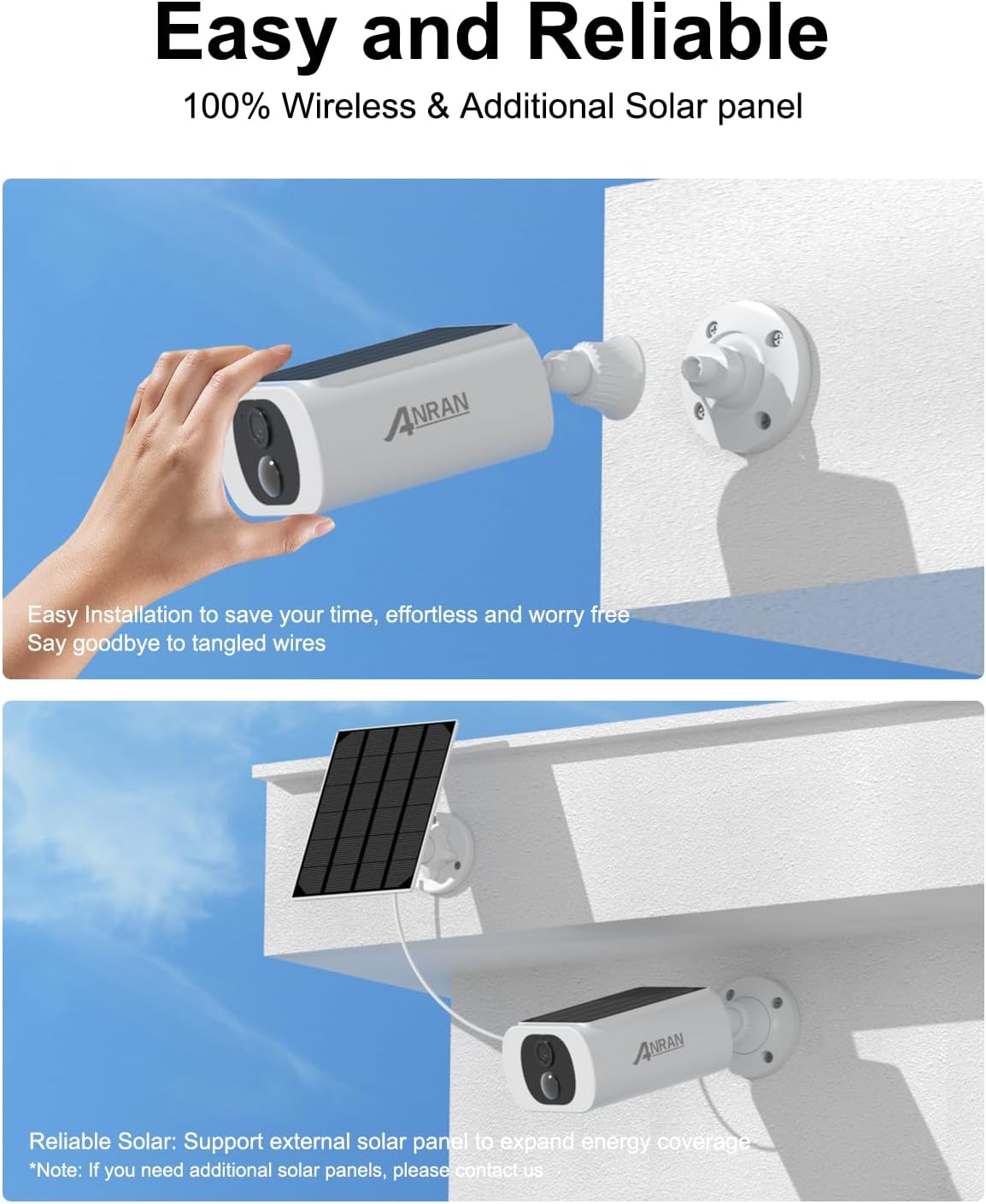 ANRAN 2K WiFi Surveillance Camera, Integrated Solar Panel, IP Camera Battery, Unlimited Power, Spotlight & Night Vision, Two-Way Audio, Human Detection, Alarm Siren