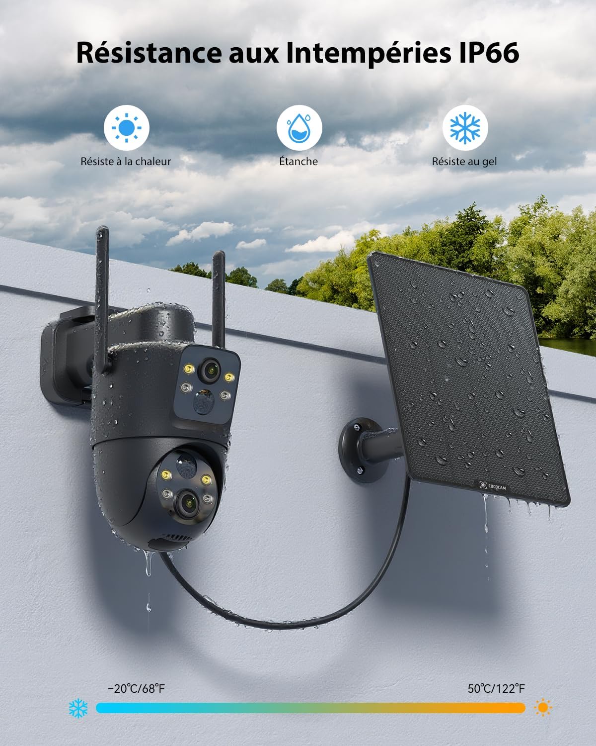 COCOCAM 2K Dual Lens Wireless WiFi Surveillance Camera, 6W Solar Panel, 10000mAh Battery, Dual PIR & AI Human Detection, Night Vision Colour, 355°P 90°T, WiFi 2.4G