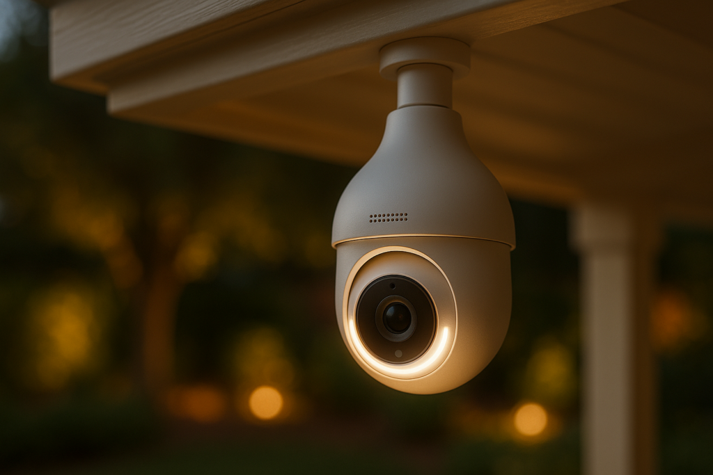 Wireless Outdoor WiFi Surveillance Camera, 2K WiFi Surveillance Camera Bulb, Surveillance Cameras with Siren and Light Alarm, Night Vision Colour, Human Detection, LC323