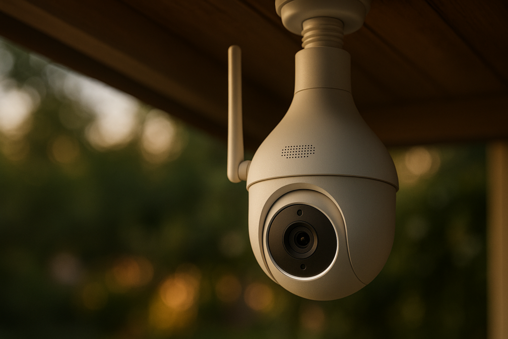 Wireless Outdoor WiFi Surveillance Camera, 2K WiFi Surveillance Camera Bulb, Surveillance Cameras with Siren and Light Alarm, Night Vision Colour, Human Detection, LC323